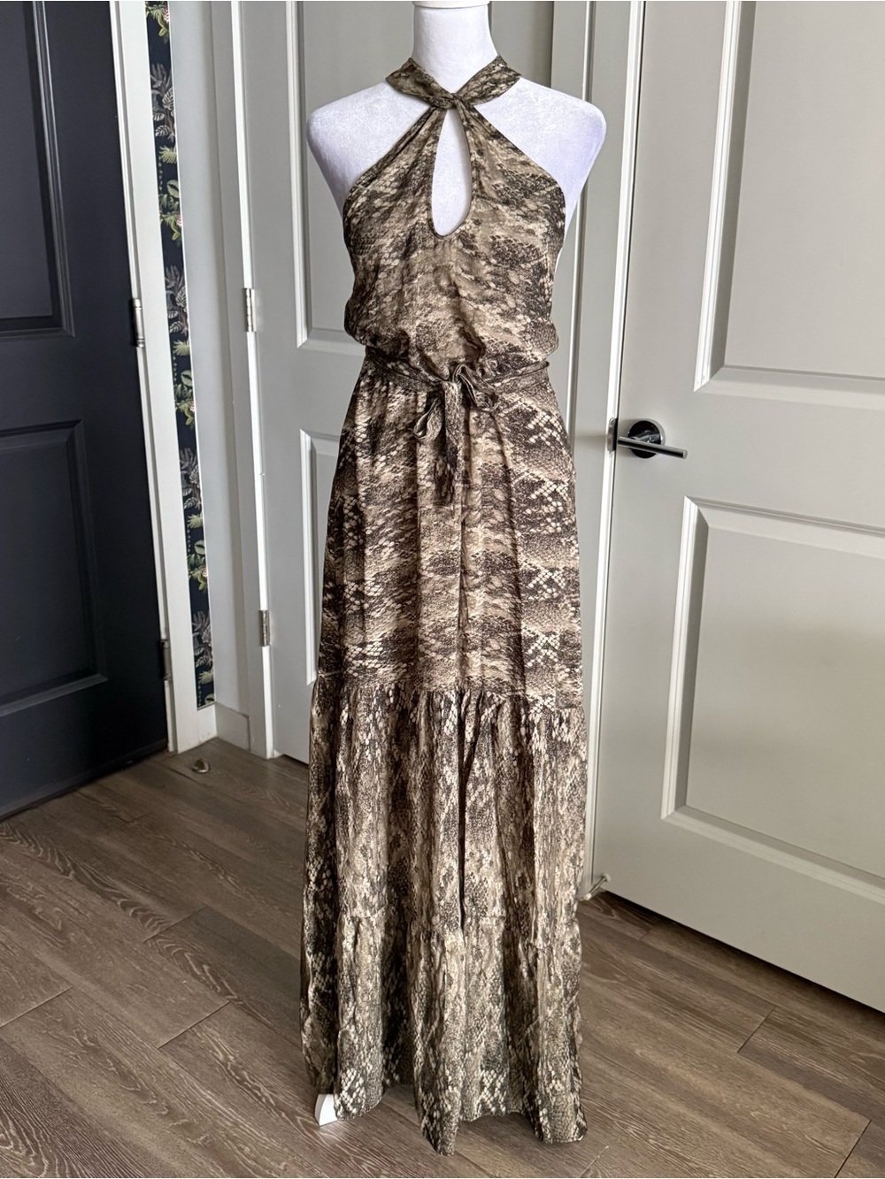 Maaji Neutral and Metallic Snakeskin Halter Maxi Dress with Cutouts Size M